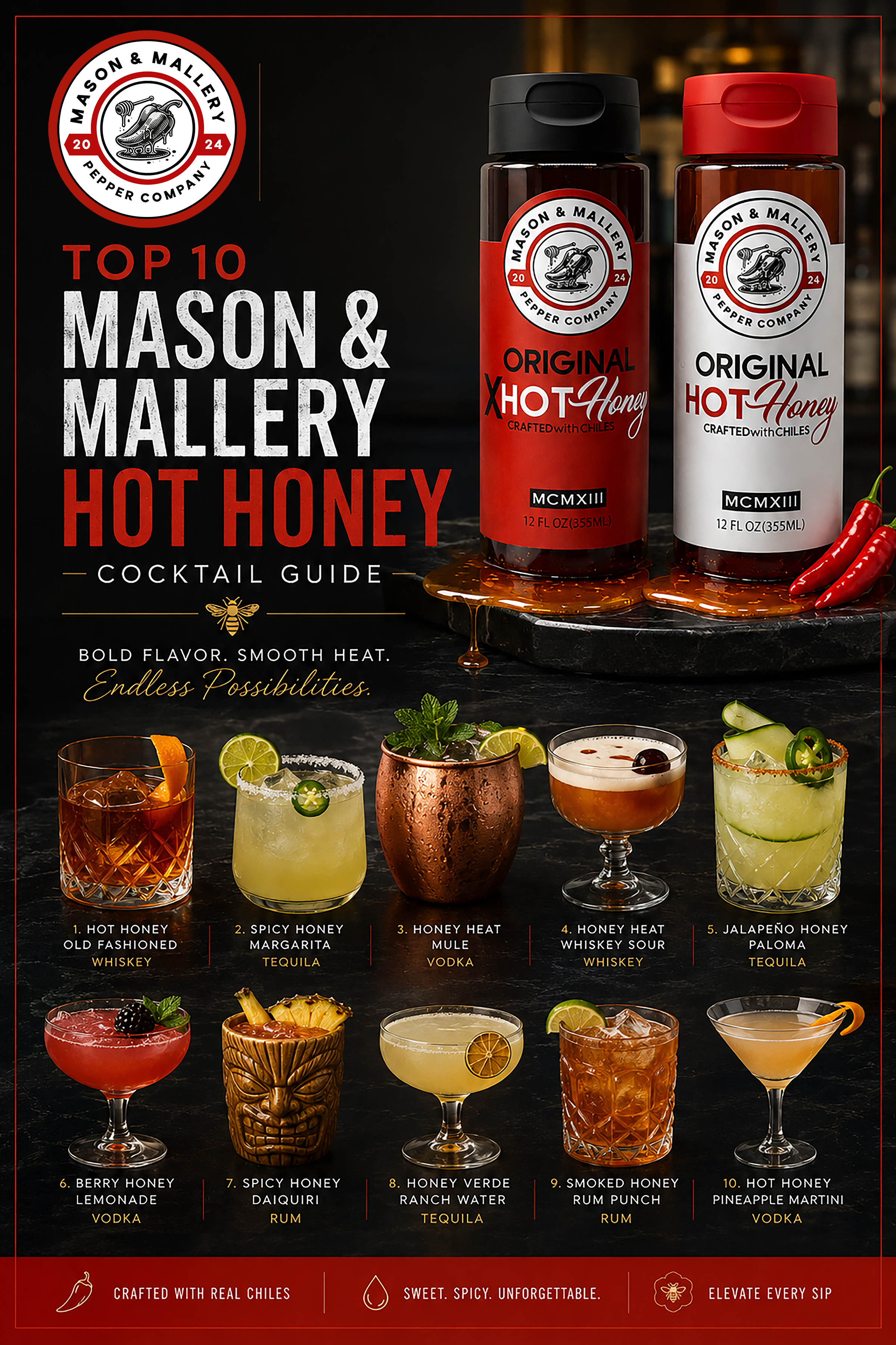 Poster for Mason & Mallery Hot Honey cocktails featuring images of various cocktails with ingredients and names, including hot honey old fashioned, spicy honey margarita, honey heat mule, honey heat whiskey sour, jalapeño honey paloma, berry honey lemonade, spicy honey daiquiri, honey verde ranch water, smoked honey rum punch, and hot honey pineapple martini.