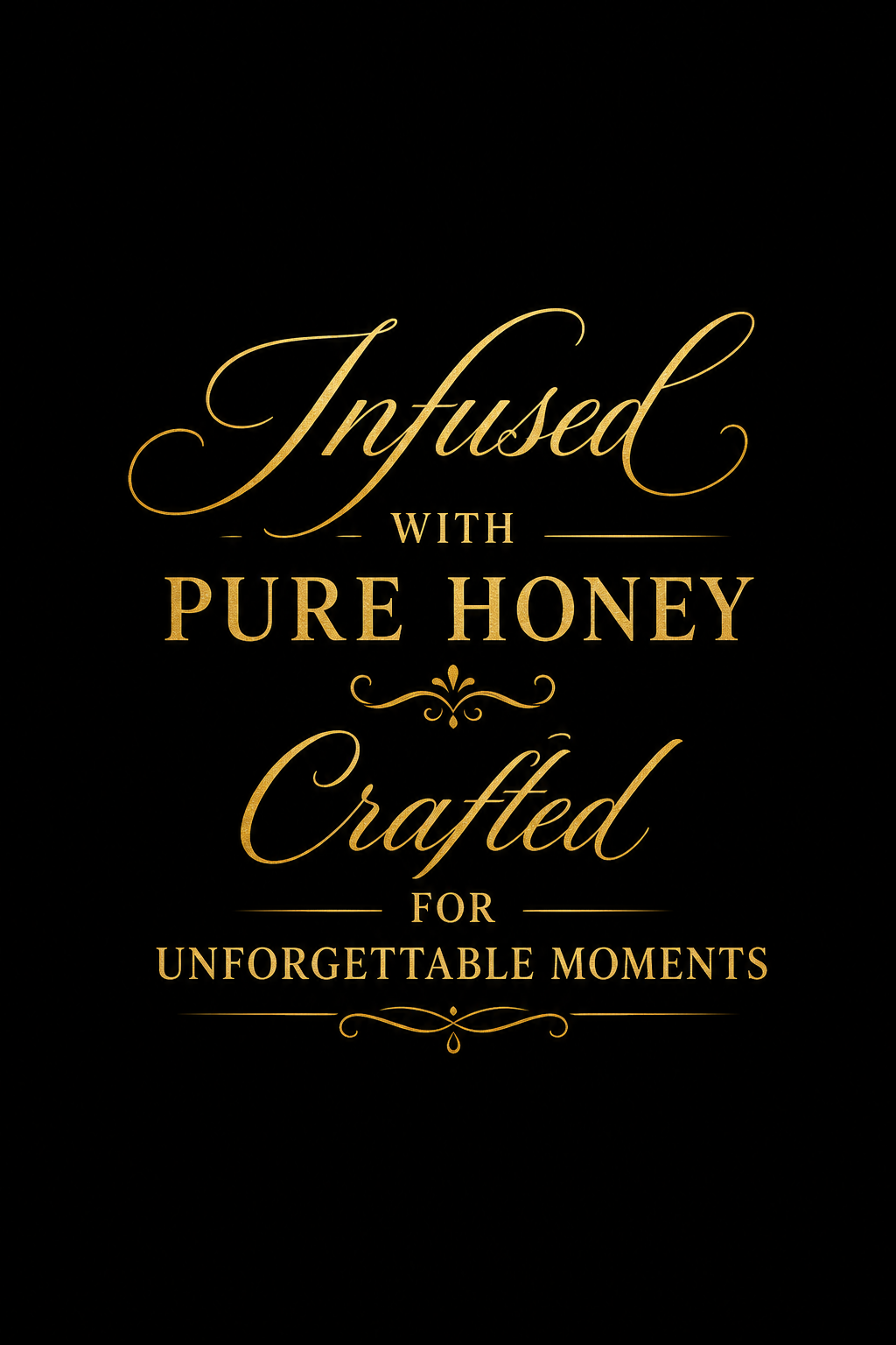 Elegant black background with gold cursive and block text reading, 'Infused with pure honey crafted for unforgettable moments.'