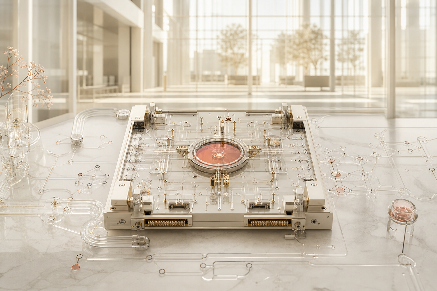 An ivory quantum sampling apparatus with a coral optical cavity and glass channels in a sunlit research atrium