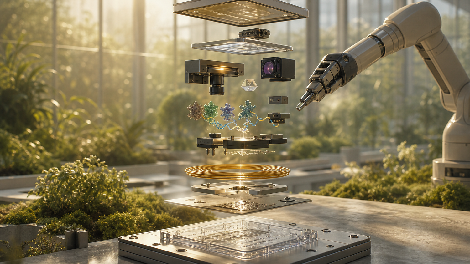 An exploded engineered-protein quantum sensor with fluorescence optics and a radio-frequency coil in a warm sunlit bioengineering atrium