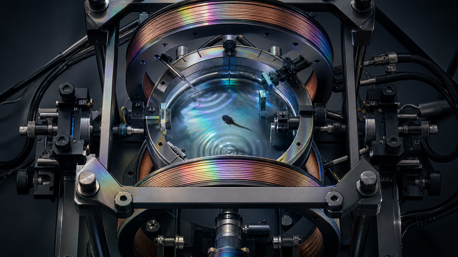 Conceptual top-down view of a precision Helmholtz-coil magnetobiology instrument surrounding an illuminated aquatic chamber with a tadpole specimen