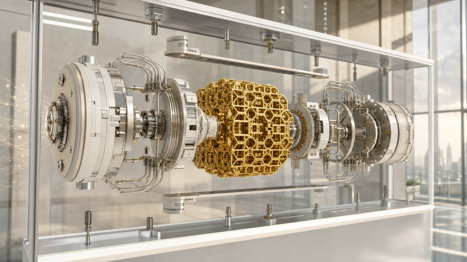 Exploded-view render of a modular cryptographic key-exchange apparatus with a gold lattice core, in a sunlit glass atrium