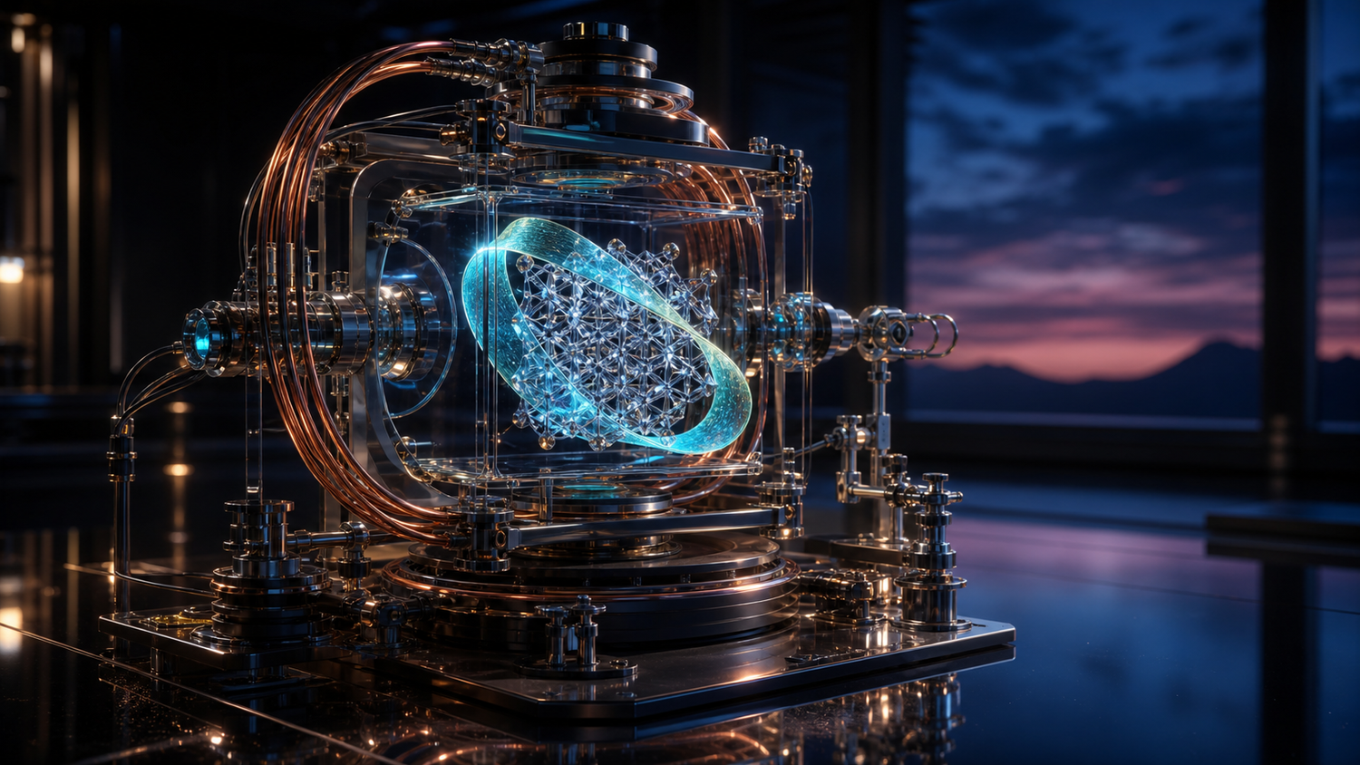 A luminous Möbius analysis ring exposing a crystalline lattice key inside a suspended cryptanalysis apparatus