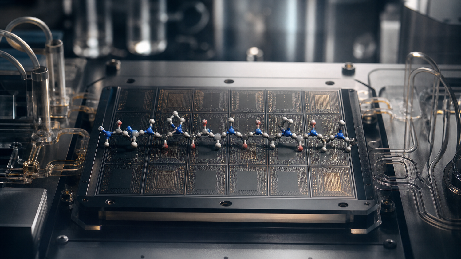 Nine-unit peptide model across a dark microfabricated processor, illustrating Q-CHIPP’s 46-qubit neoantigen experiment