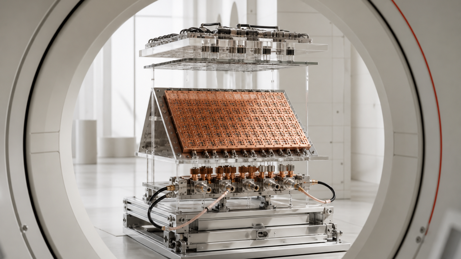 Stylized 7-tesla ocular MRI metamaterial antenna with copper split-ring cells shown through a scanner-bore frame