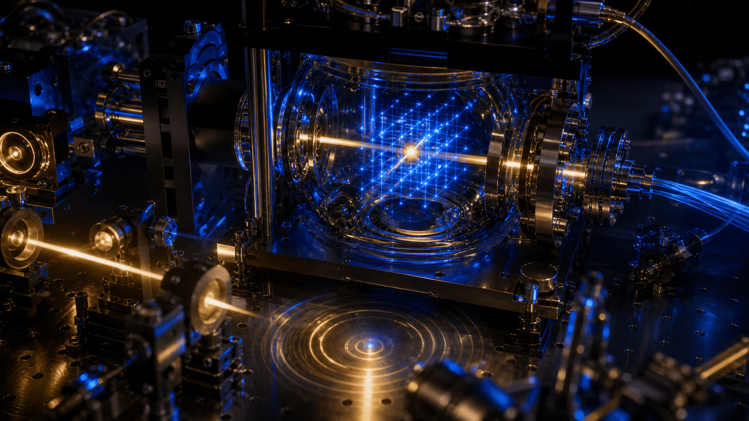 A sapphire-blue strontium optical lattice clock with gold interrogation light converging on a balanced luminous atom cloud