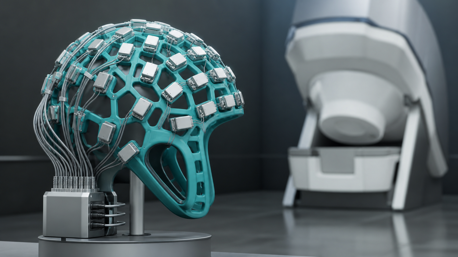 Stylized wearable OPM-MEG helmet with miniature quantum magnetometers, fitted cabling, and a portable signal unit