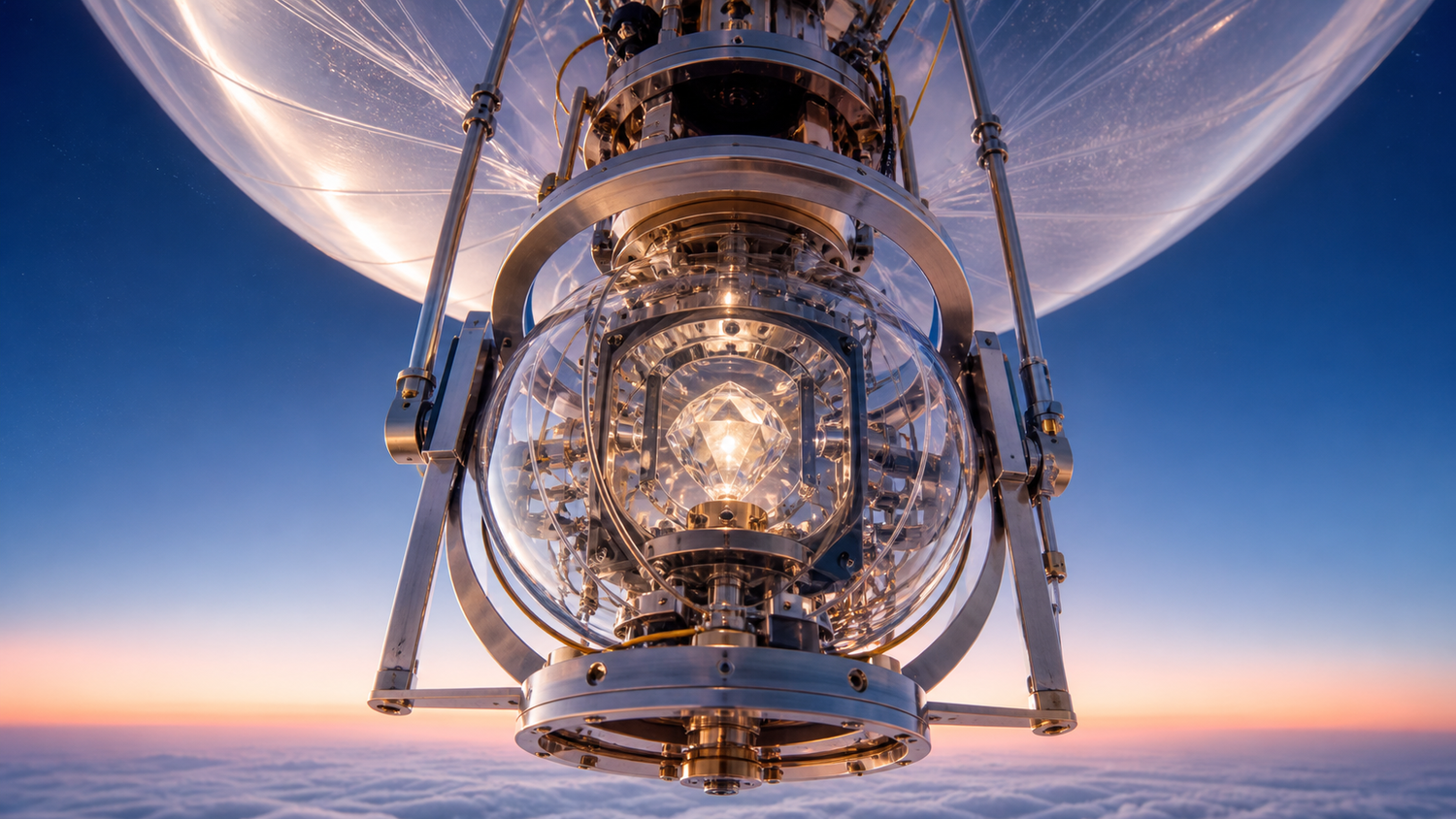 A faceted diamond photonic core glows inside a transparent instrument capsule beneath a vast translucent stratospheric balloon above pale clouds