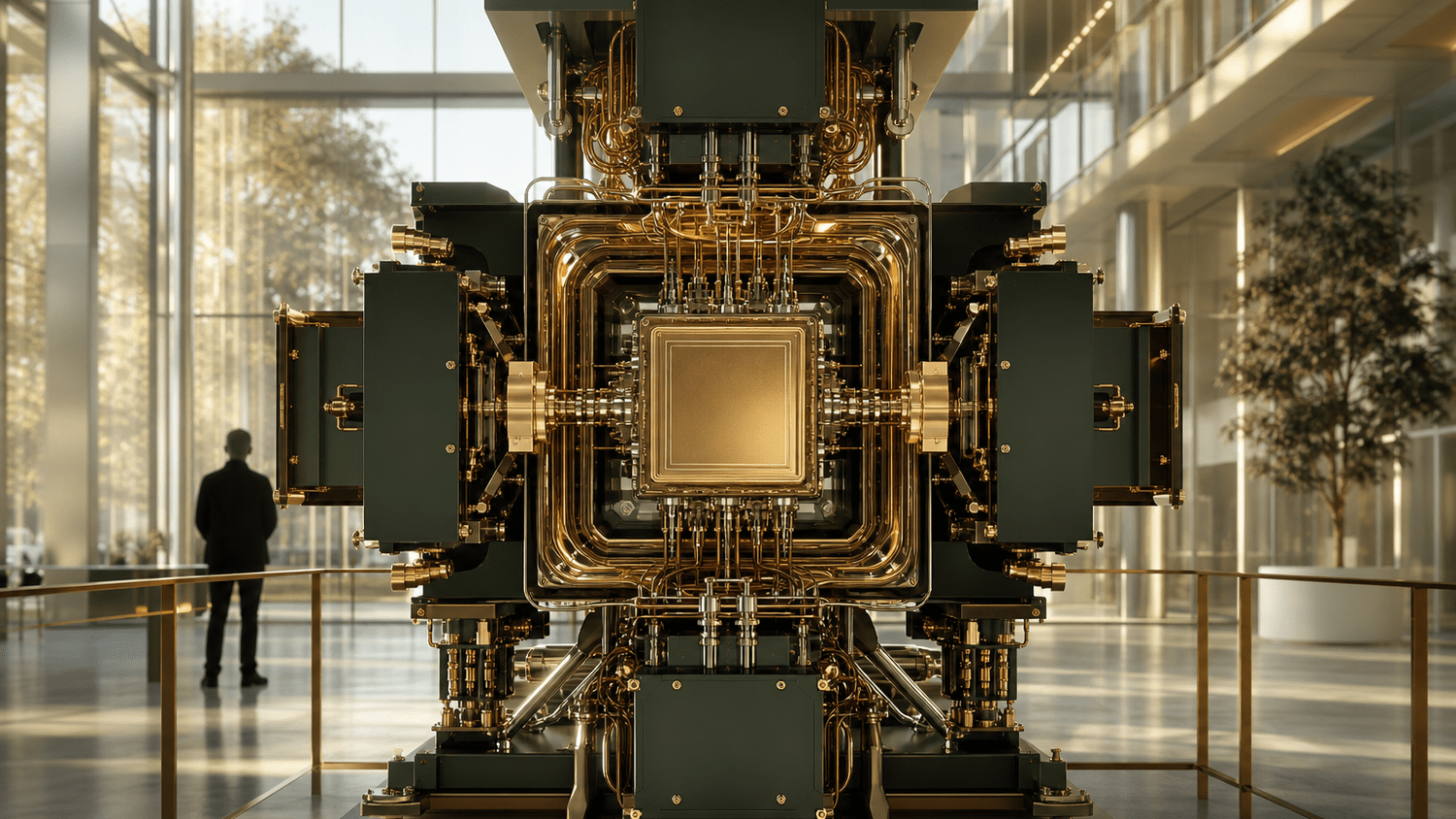Stylized modular public quantum-computing apparatus in a sunlit shared research hall, shown as a future-access machine for hospitals and research institutions