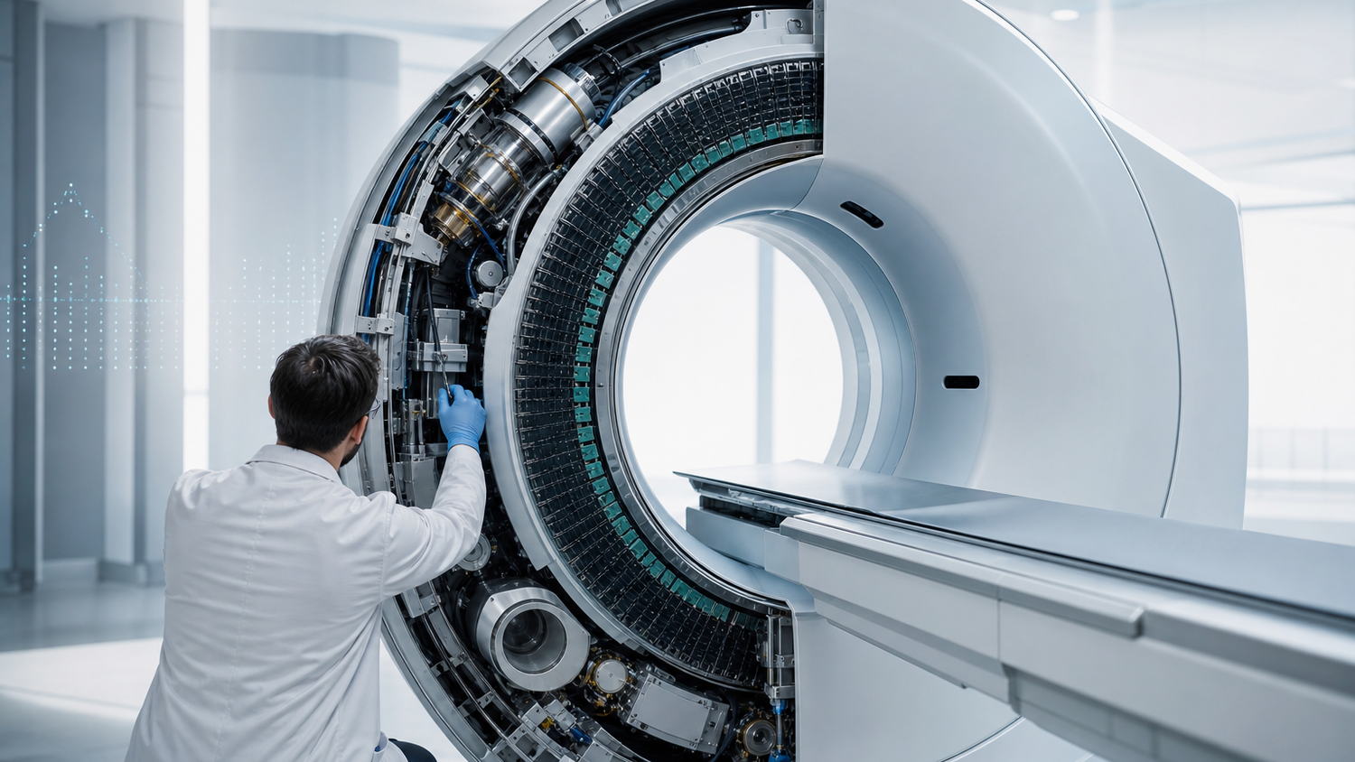 Stylized cutaway of a photon-counting CT scanner with a gloved engineer calibrating its detector ring in a bright hospital imaging bay