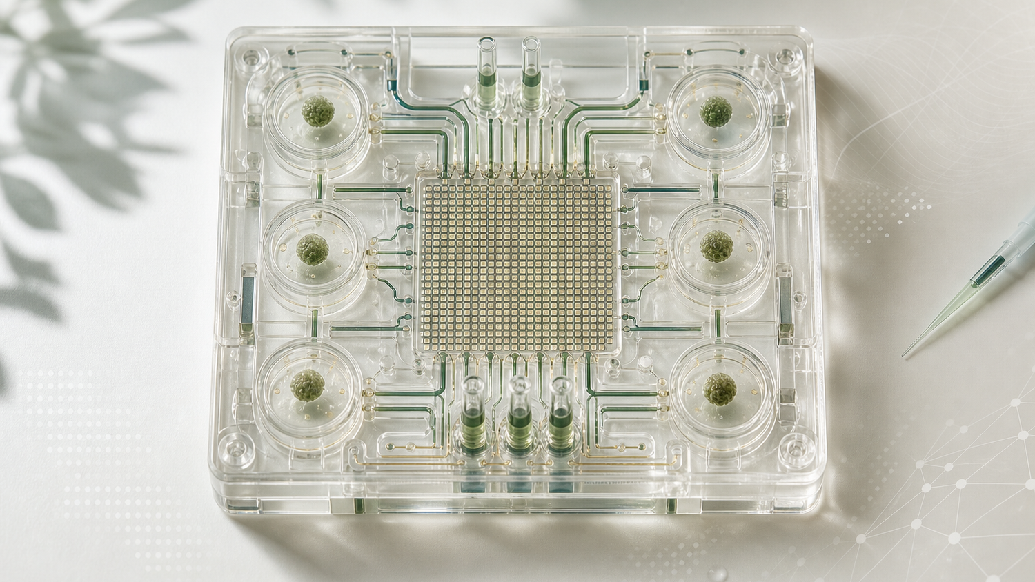 Stylized brain-on-chip cartridge with neural micro-tissue, microfluidic channels, and a quantum-sensing array on a bright laboratory bench