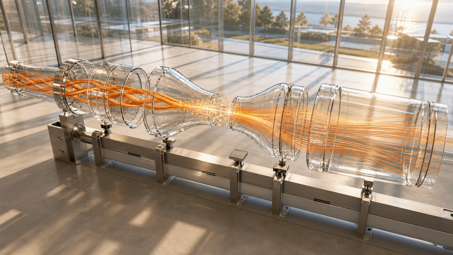 A transparent wind-tunnel test section holding a luminous braided ribbon of simulated airflow that condenses into a small glowing quantum circuit lattice, lit in deep indigo and warm copper at dawn