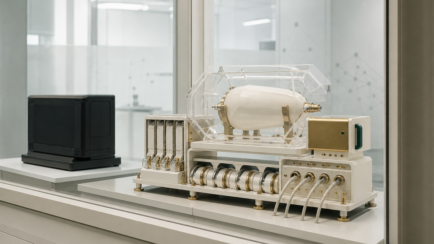 Stylized medical AI validation instrument with a transparent model core, clinical data cartridges, security modules, and monitored output channels