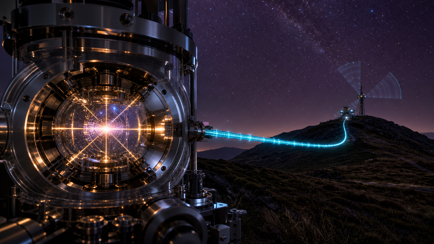 Extreme macro view into the glowing transparent core of a cold-atom clock on a starlit hillside, a cyan filament of light pulses running to a distant twin clock beside a sweeping radar mast