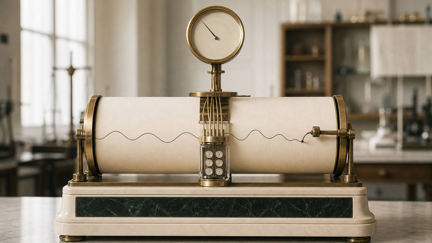 Stylized ivory and brass chart recorder with a centered cartridge of tiny tissue samples wired to electrodes, tracing one slow clean wave that ends at the stylus tip