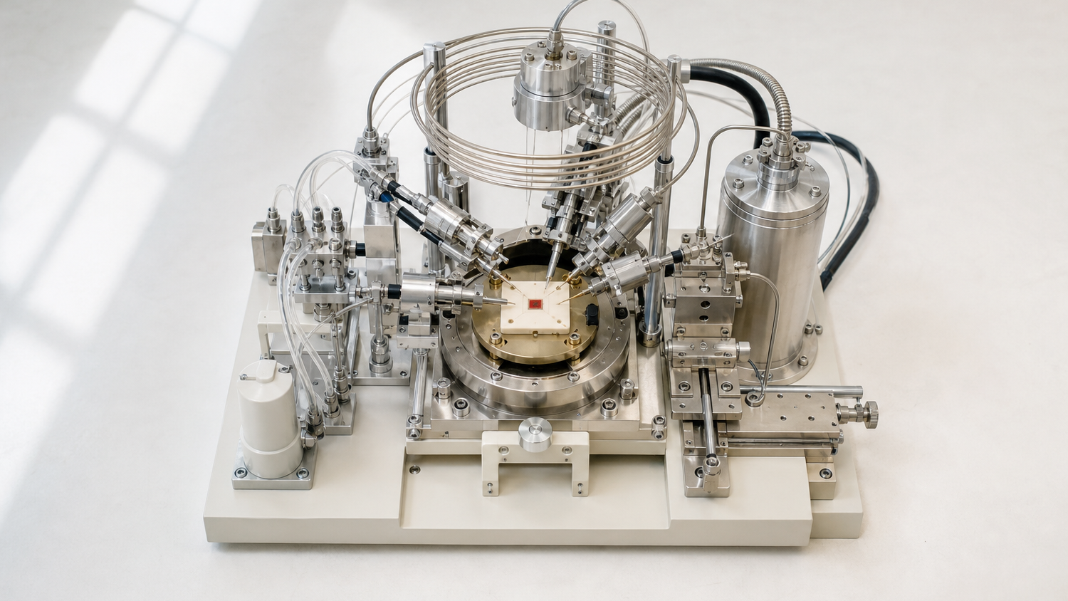 Stylized atomically thin copper-oxide sample inside a supported materials-science measurement apparatus with transport probes and calibration coils