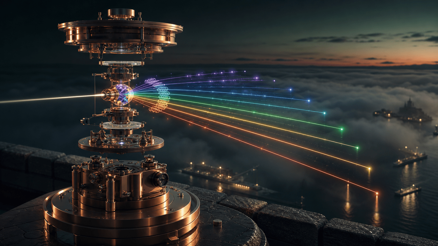 Conceptual visualization of a copper quantum-lidar apparatus above a harbor, projecting a finite fan of colored beams toward several targets; not a field test