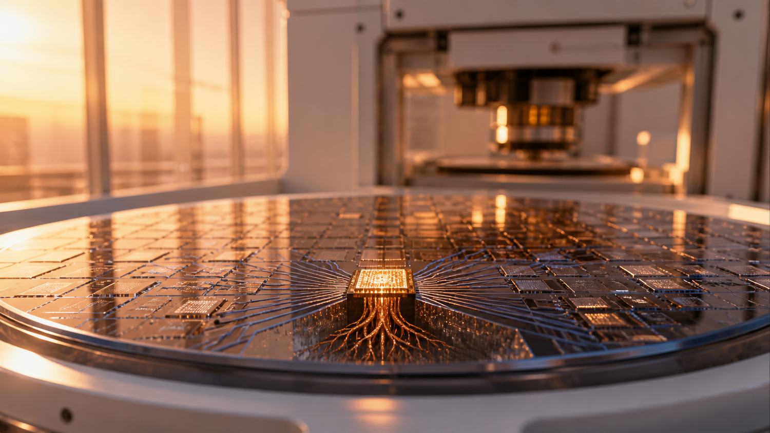 A monumental low-angle view of a translucent silicon wafer standing on edge like a rising sun at dawn, one die alight as an embedded circuit-key of copper and deep teal whose lattice teeth anchor glowing traces across the wafer's face