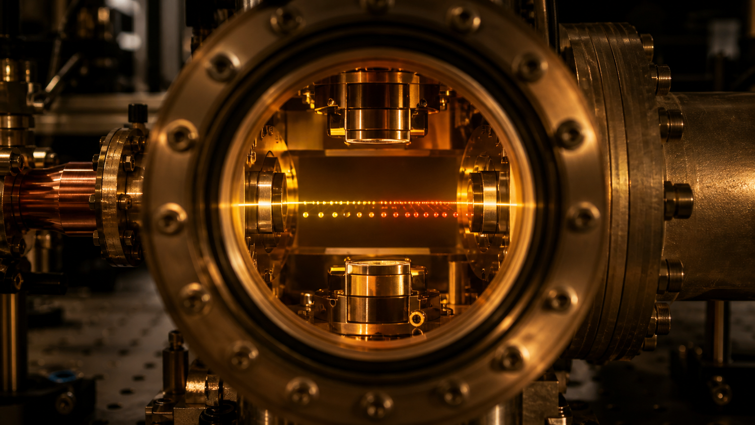 Conceptual macro illustration through the round viewport of a bronze vacuum chamber, with two interleaved rows of gold and ember atom specks along one laser beam