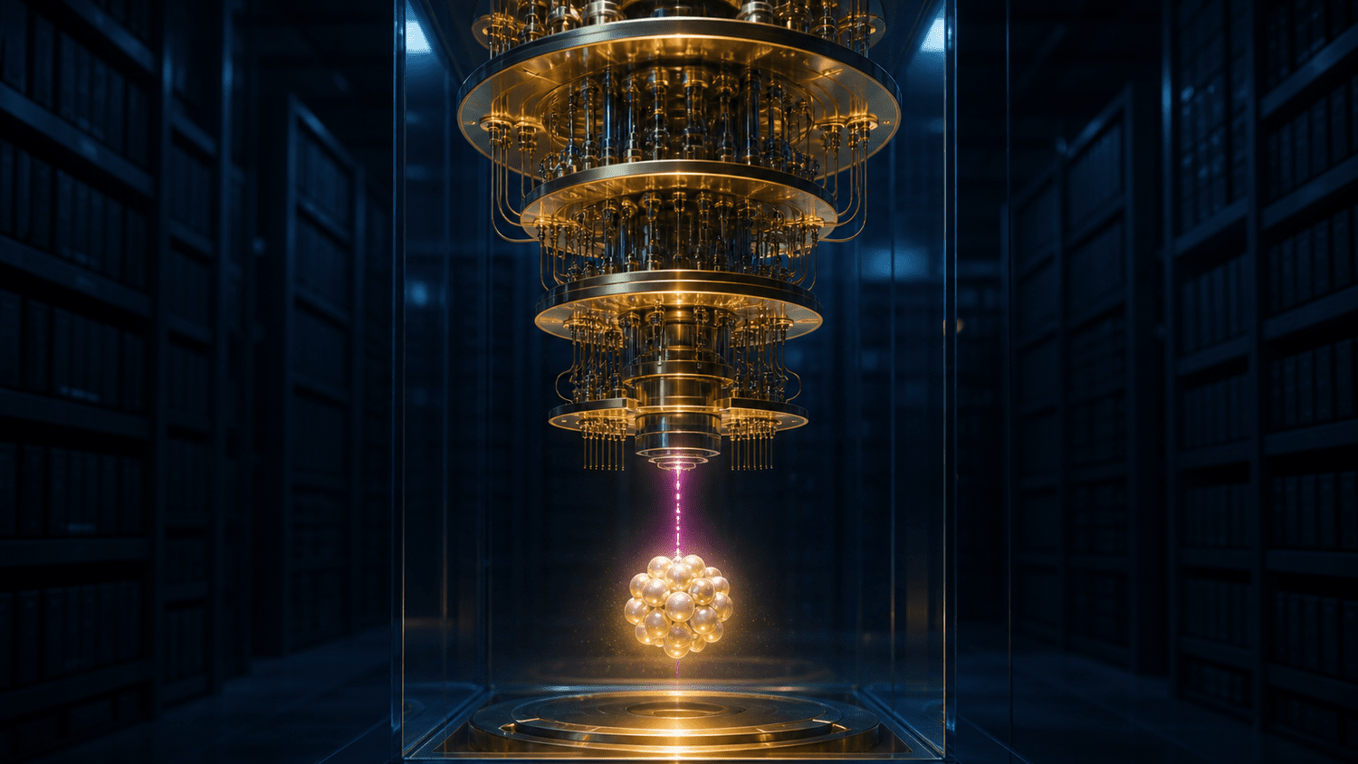 Eye-level three-quarter view through a transparent containment frame in a midnight archive vault: a burnished gold cryostat chandelier suspends a small crystalline nucleus model, rebuilt from a thin magenta thread of sampled light beads, while towering dark shelf walls recede unread into the gloom