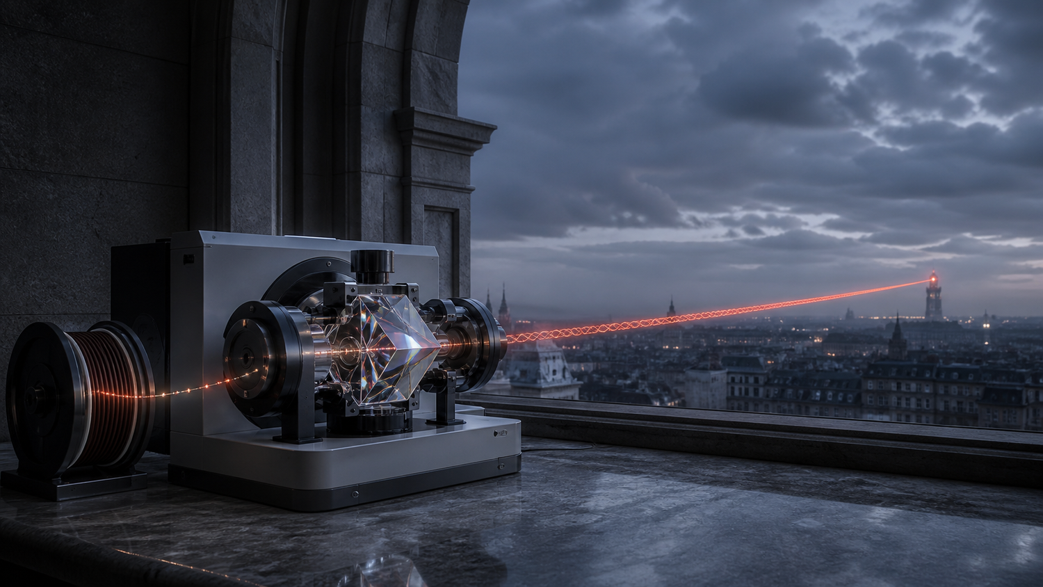 Low-angle three-quarter view over a pearl and graphite optics terminal on a granite sill at a tall arched window before dawn: a coiled fiber spool feeds a thread of paired light beads into a crystalline conversion prism, and the thread leaves as a twisting vermilion ribbon crossing the open air above a sleeping slate-blue city toward a distant twin terminal on a far tower