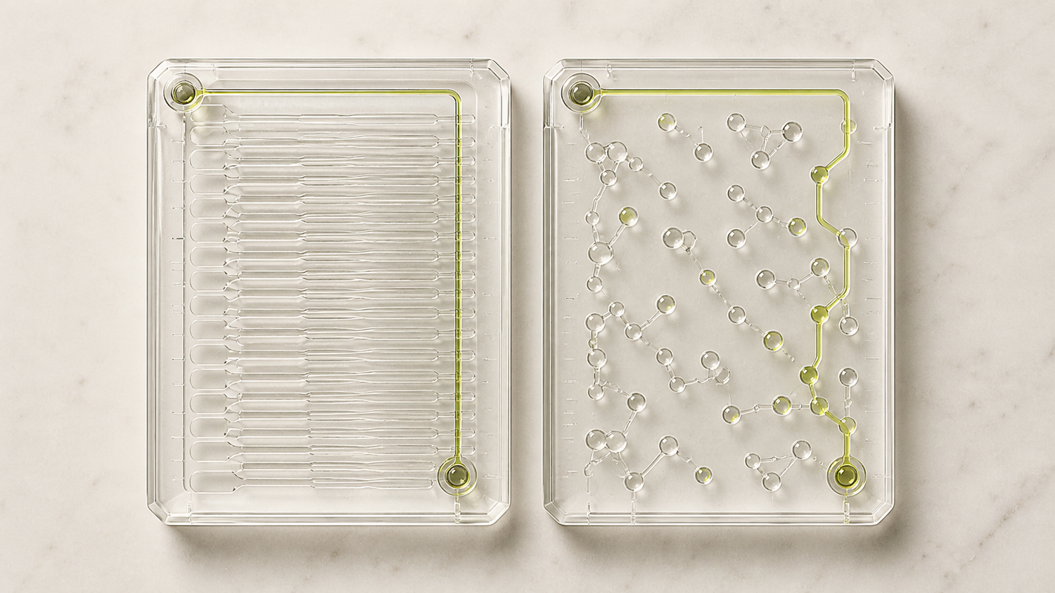 Two transparent assay plates side by side on a pale bench, the left one a dense ladder of fine parallel channels, the right one a sparse scatter of round wells, each threaded by a chartreuse tracer