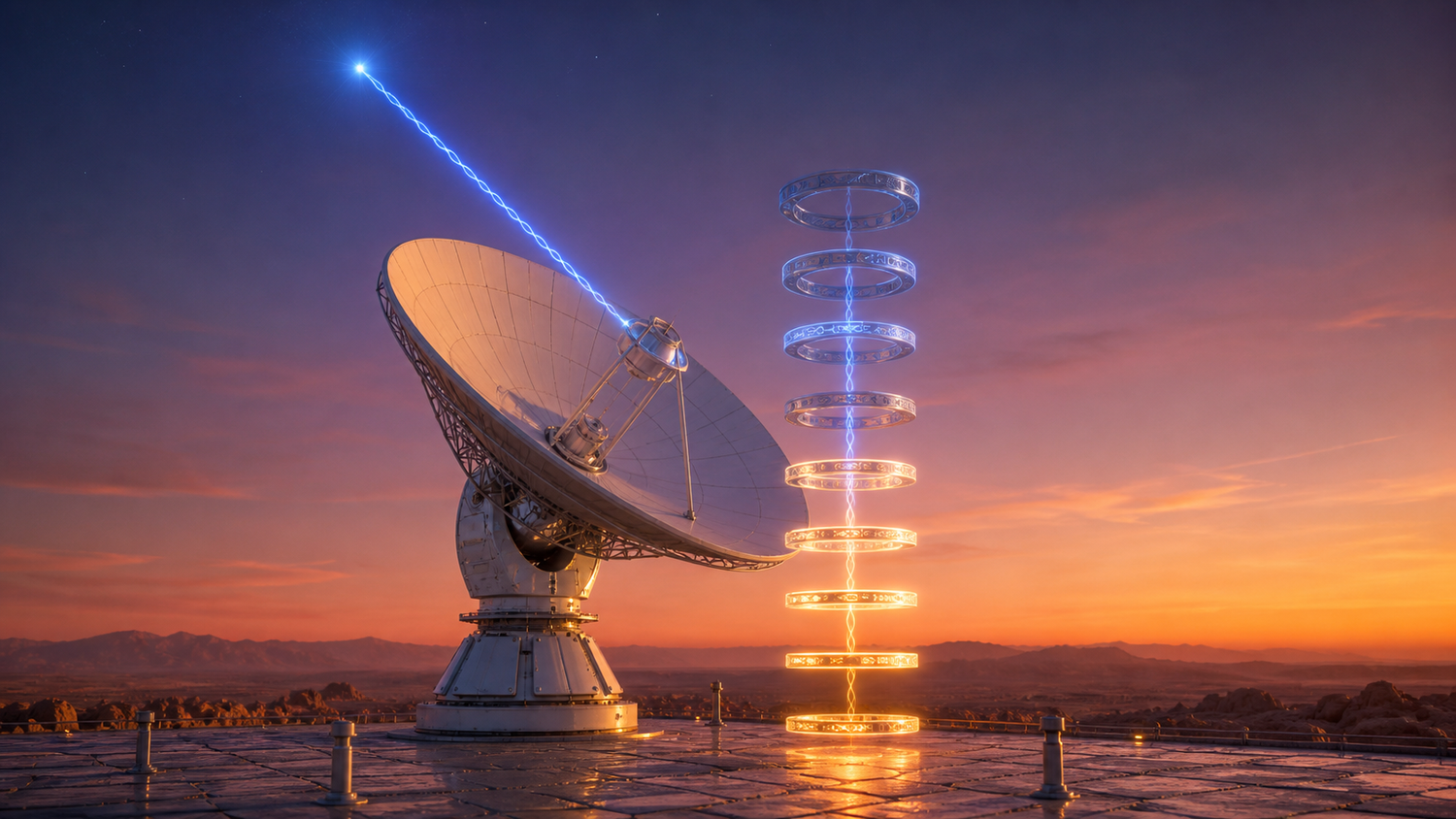 Three-quarter dusk view of a pearl-white ground-station dish on a desert terrace: a braided ultramarine thread of light descends from a star point in the apricot-rose sky into the dish and re-emerges threading a levitating exploded-view stack of eight crystalline rings, each ring lighting warm white-gold as the braid's weave matches it