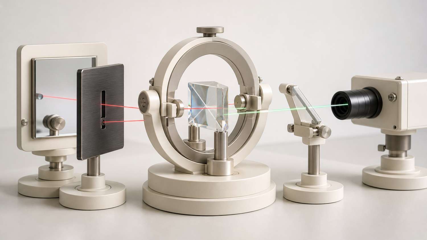 A single prismatic crystal in an ivory gimbal mount at the centre of a daylit optical bench, a red beam path running left through a slotted target plate to a flat mirror and back along itself into the same crystal, and a separate pale green path running right through a tilted plate into a scientific camera