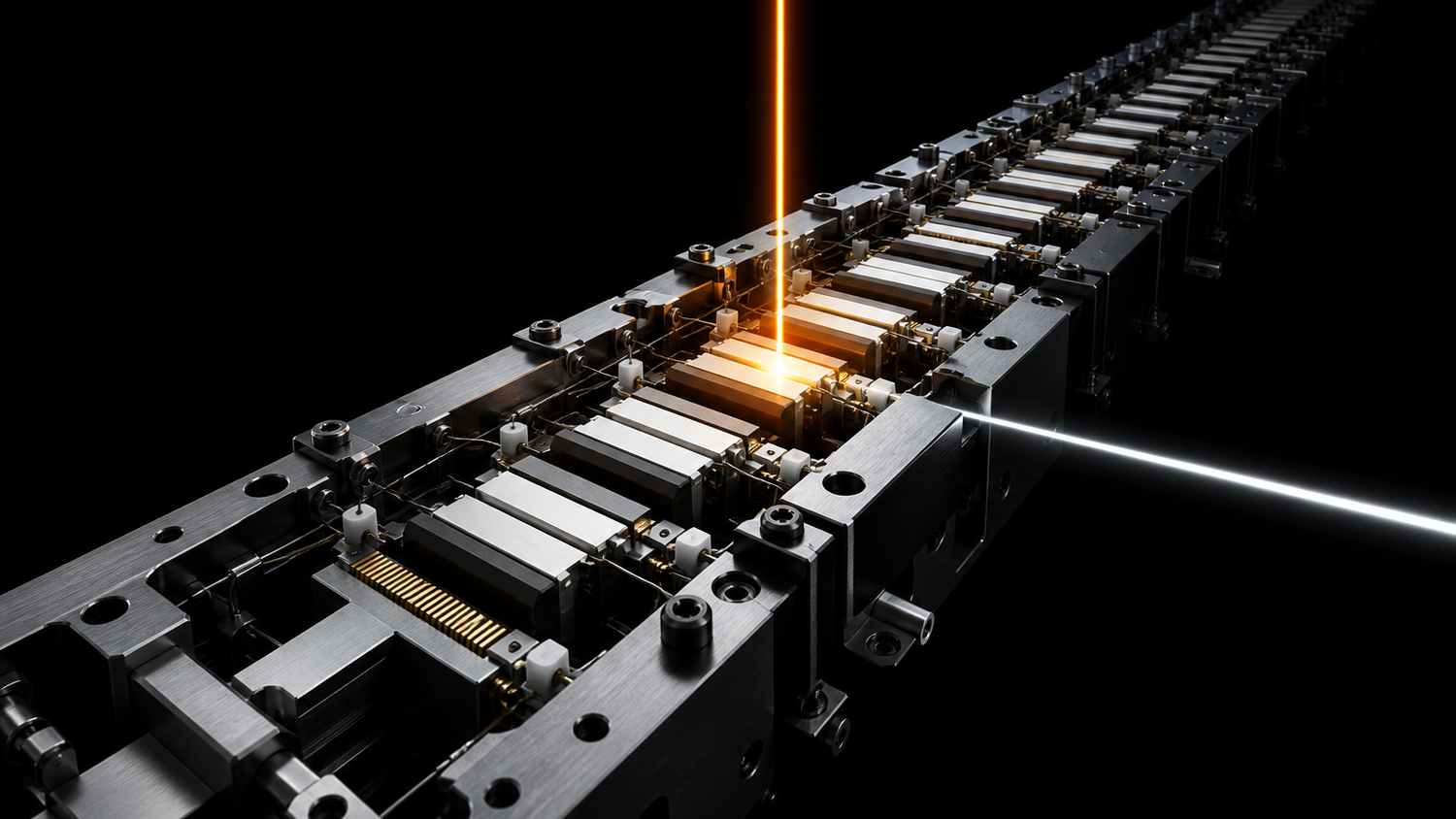 A single long invented segmented ion-trap assembly running diagonally through black space, machined graphite and white metal electrode segments with gold contact fingers and fine wire bonds, one segment near the middle lit by a vertical orange beam while every other segment stays dark, and a thin white readout line leaving that same lit segment sideways.