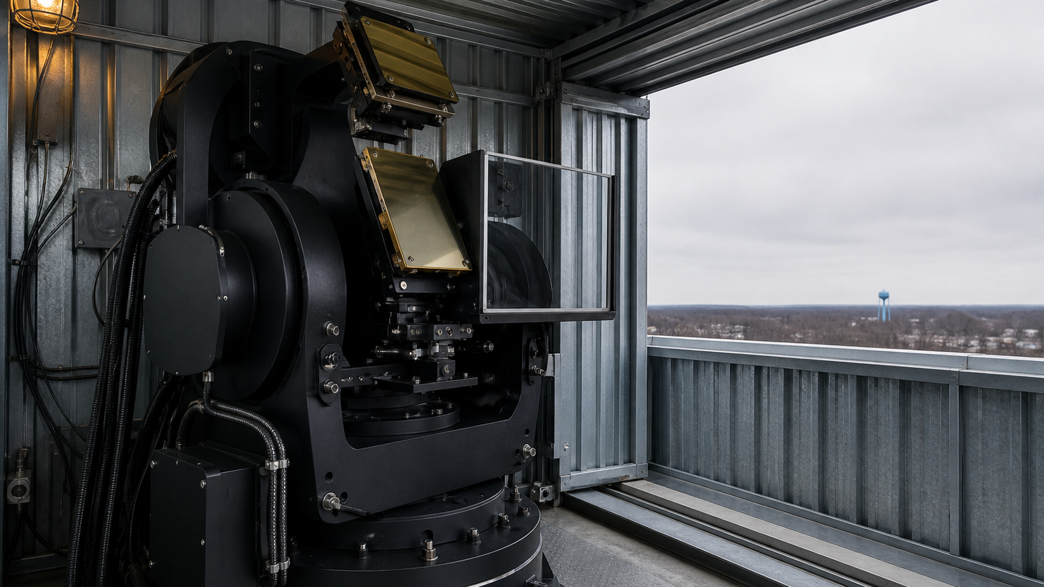 Interior of a galvanized steel rooftop enclosure with its side hatch slid open, an invented matte-black optical terminal on a heavy gimbal at left with two gold-plated flat mirror mounts, and a flat horizon with a distant water tower visible through the opening.