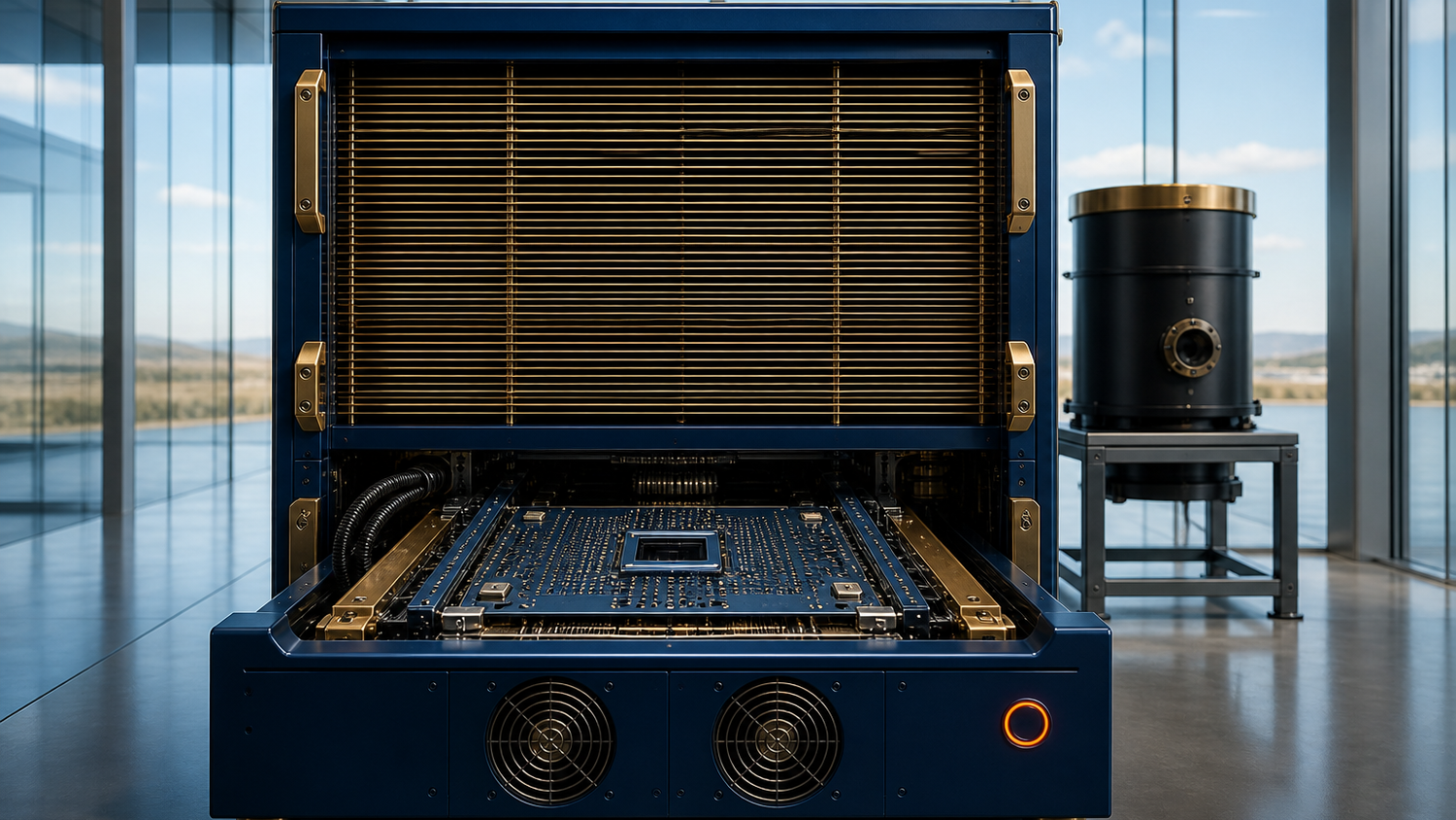An invented deep-blue enamelled computing appliance with a brass heat-exchanger fin stack and an open service drawer holding an unlit coprocessor board, standing in a daylit glass-walled atrium, with a smaller sealed black cylindrical cryostat closed and idle on a steel stand behind it.