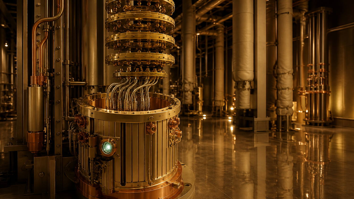 An invented brass and copper cryogenic sampling instrument standing in a warm tungsten-lit plant room, its readout stage lifted apart into four floating concentric rings above the open drum, insulated pipe runs receding behind it and the whole machine mirrored in a polished floor. A stylized apparatus, not a photograph of any real facility.
