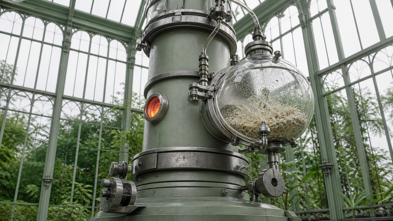 An invented sage-green painted steel analytical column standing in a glazed cast-iron conservatory, a sealed spherical glass vessel of pale fungal mycelium docked into its sampling port with fine transfer tubing running up into the column head, oxidized pewter clamp rings and knurled valve wheels along its body and one coral-orange sight glass lit from within. A stylized apparatus, not a photograph of any real instrument, laboratory or product.