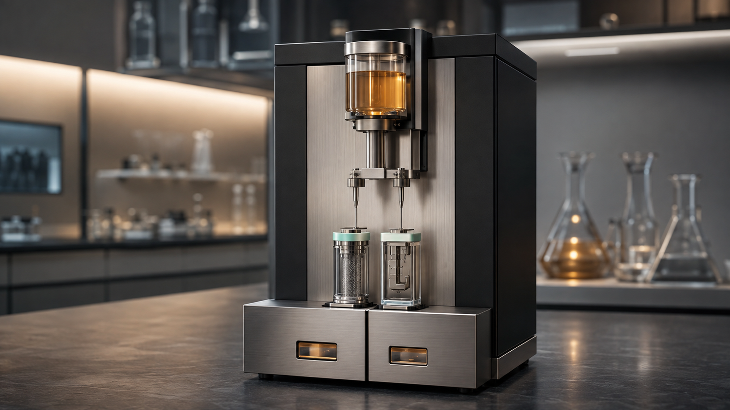 A machine-generated image made for this article: an invented dual-channel laboratory instrument in stainless steel and dark anodized black on a slate bench, with a single glass reservoir of amber liquid at the top feeding a splitter and two fine needles, each entering one of two visibly different sealed glass sample cartridges seated side by side above two small readout windows. The instrument is imaginary and depicts no real manufacturer, laboratory, product or facility.
