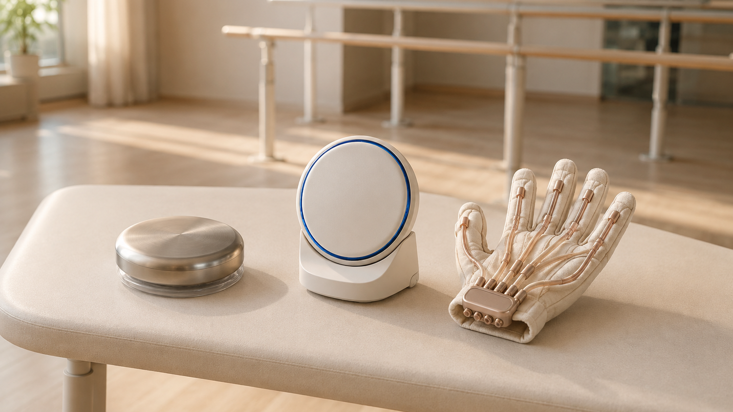 A machine-generated image made for this article: three invented objects grouped on a pale bench in a sunlit rehabilitation room, a coin-sized brushed-titanium disc on a translucent membrane at left, a small white transceiver puck with a cobalt-blue rim standing in a cradle at center, and an open ivory glove with rose-gold finger tubes running to a wrist manifold at right, with no cable between them. The devices are imaginary and depict no real product, patient or facility.