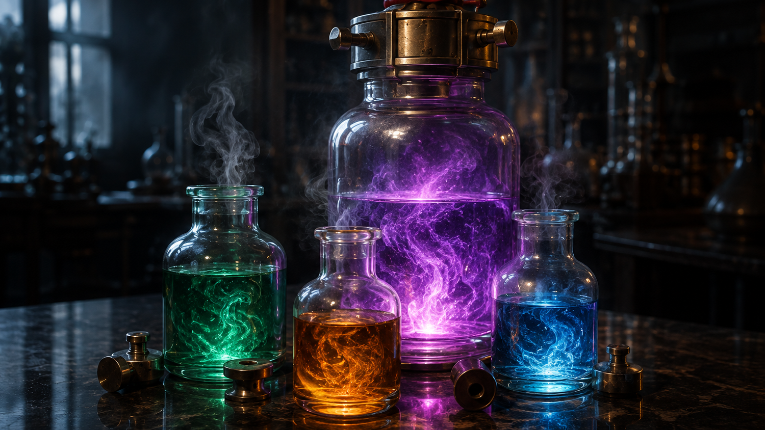 A machine-generated image made for this article: four invented glass laboratory vessels clustered on a dark polished stone bench at night, the three smaller ones open with their stoppers beside them and glowing with swirling emerald, amber and blue liquids, and the largest at the back sealed under a heavy brass locking cap, its contents glowing an intense violet that lights the scene.