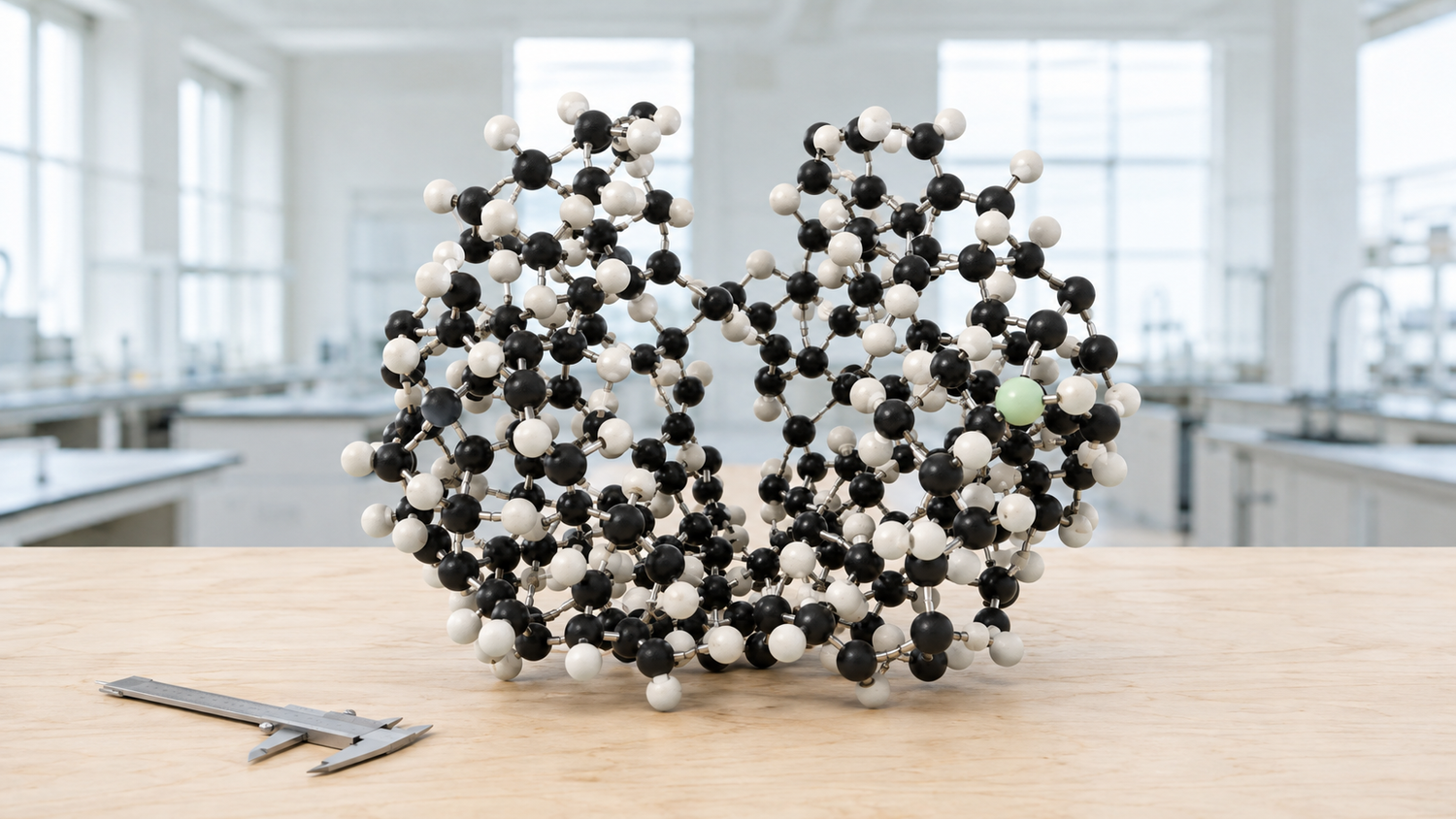 A machine-generated conceptual illustration made for this article: a large ball-and-stick molecular model in matte white and black on a birch workbench in a bright laboratory, a deep cleft open at its center and one small pale green sphere marking a shallow pocket on the far flank, away from the cleft.