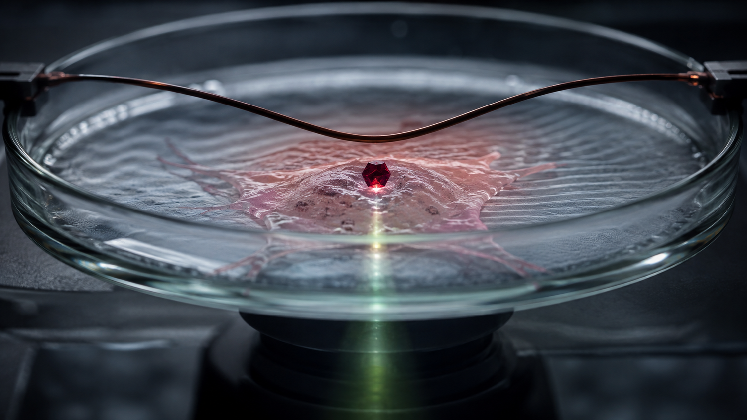 A machine-generated conceptual illustration made for this article: a single faceted diamond grain glowing deep ruby red inside a translucent living cell in a glass culture dish on an inverted microscope stage, a pale green readout laser rising through the dish floor, a copper microwave loop arcing above it, and evenly spaced ripples running out across the culture medium. The scene is illustrative; the preprint has not yet measured inside a living cell.