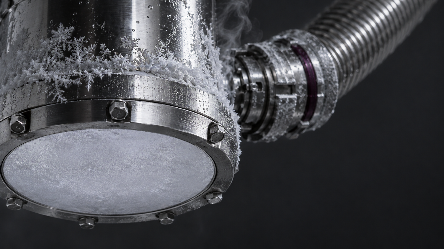 A machine-generated conceptual illustration made for this article: an extreme close view of the frosted underside of a cryostat tail, its flat circular sensor window ringed by a bolted stainless collar under a crust of frost and condensation, with a corrugated vacuum-insulated cryogenic transfer hose and its coupling entering from the upper right against a dark studio background. No people appear. The scene is illustrative and depicts no specific product.