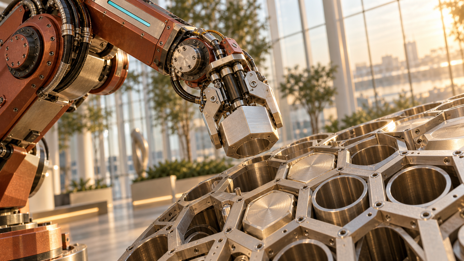 A machine-generated conceptual illustration made for this article: an industrial manipulator arm in terracotta-red and brushed alloy lowers a machined hexagonal block into a partially built lattice of interlocking hexagonal and cylindrical cells, one socket still empty, in a daylit glass atrium thrown out of focus behind. No people appear. The scene is illustrative and depicts no specific product, laboratory or manufacturer.