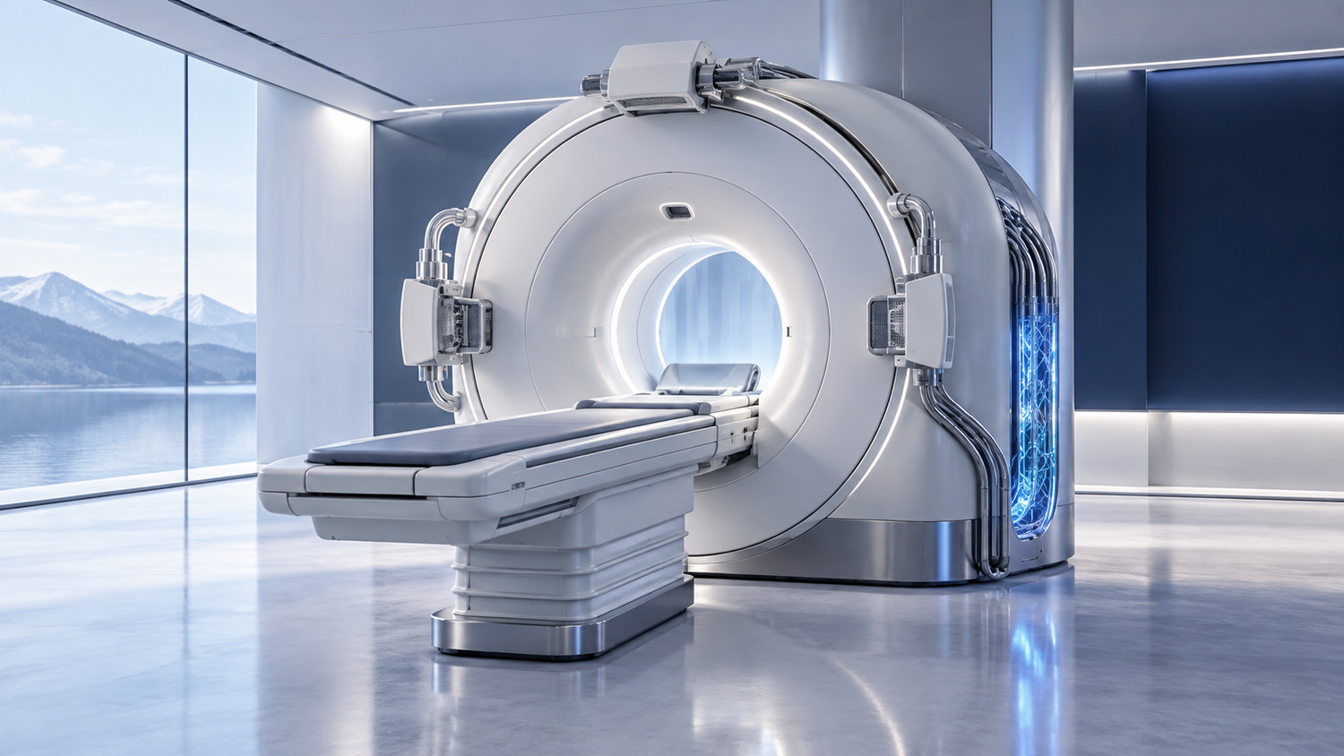A machine-generated conceptual image of a futuristic hospital diagnostic scanner with a patient table and a restrained blue data lattice integrated into its network conduit. No people or specific product appear.