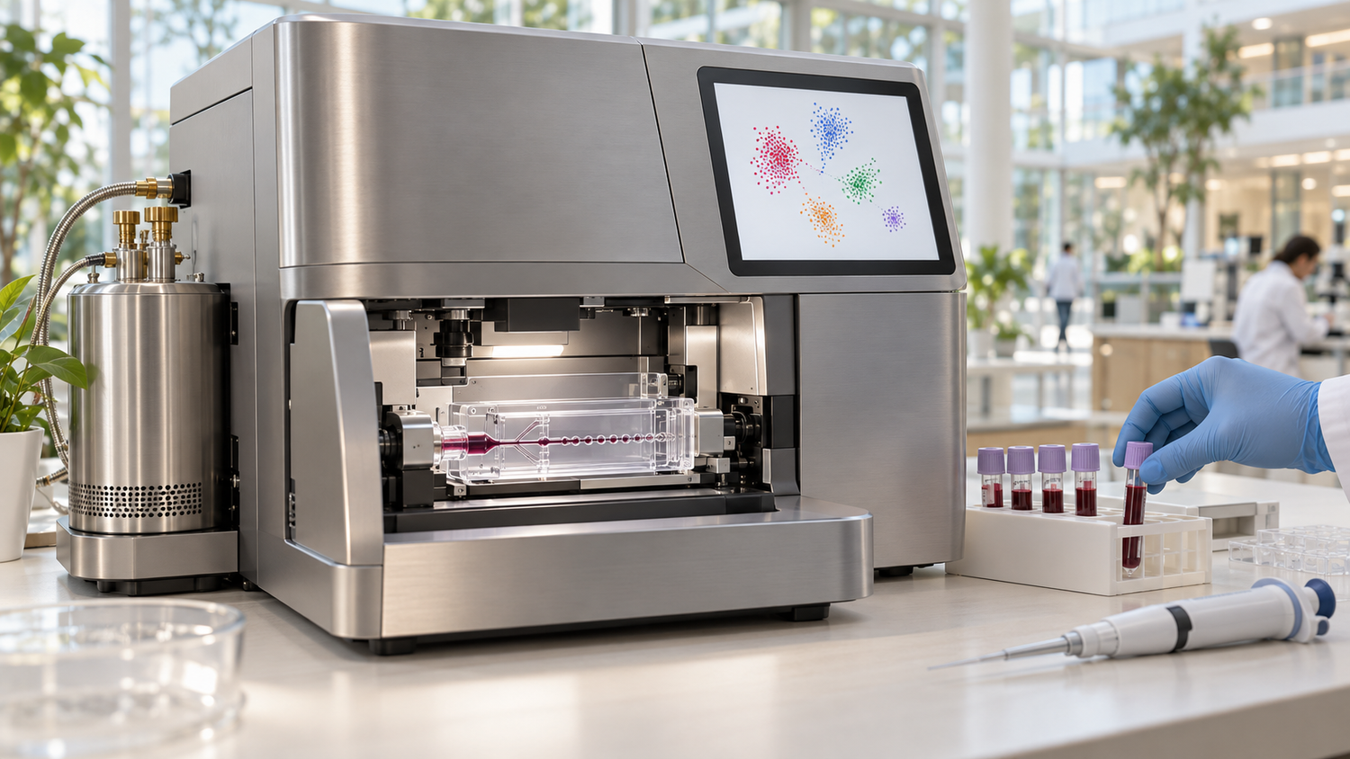 An AI-generated conceptual illustration, unrelated to the research described: a futuristic benchtop instrument in a daylit laboratory with a transparent cartridge carrying a line of red droplets, a rack of lavender-capped blood sample tubes, a pipette, a gloved hand and a small screen showing coloured clusters; two blurred lab-coated figures stand in the far background.
