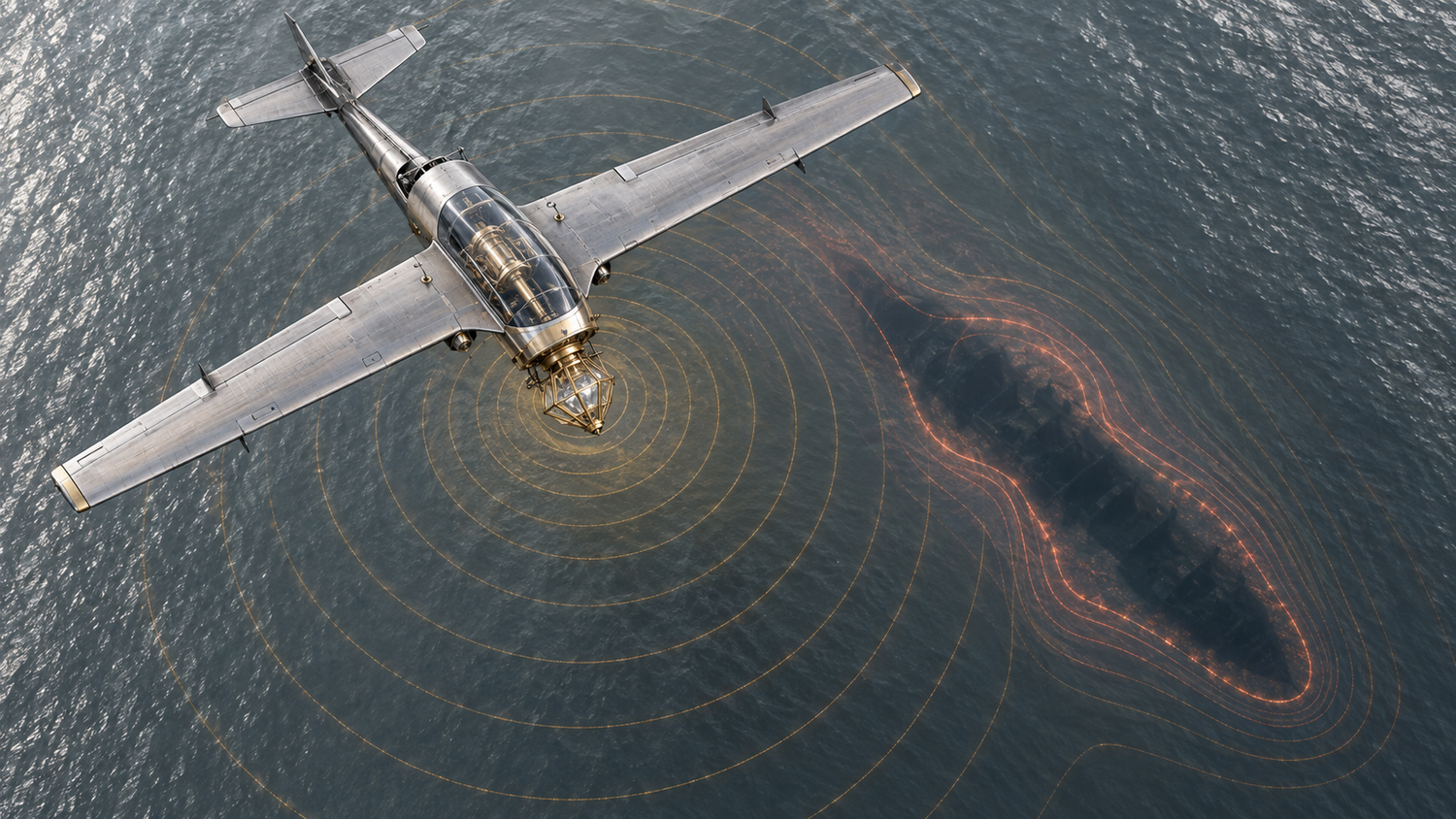 Conceptual illustration of a drone-mounted quantum magnetometer searching for a submerged submarine