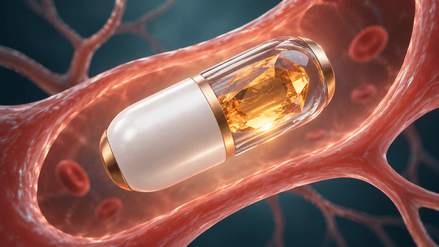 An AI-generated conceptual illustration, depicting no real drug, product or institution: a sleek two-part medicine capsule, pearl-white and clear glass with a glowing amber crystal core and gold end caps, suspended inside a calm translucent artery with a few soft-focus red blood cells.