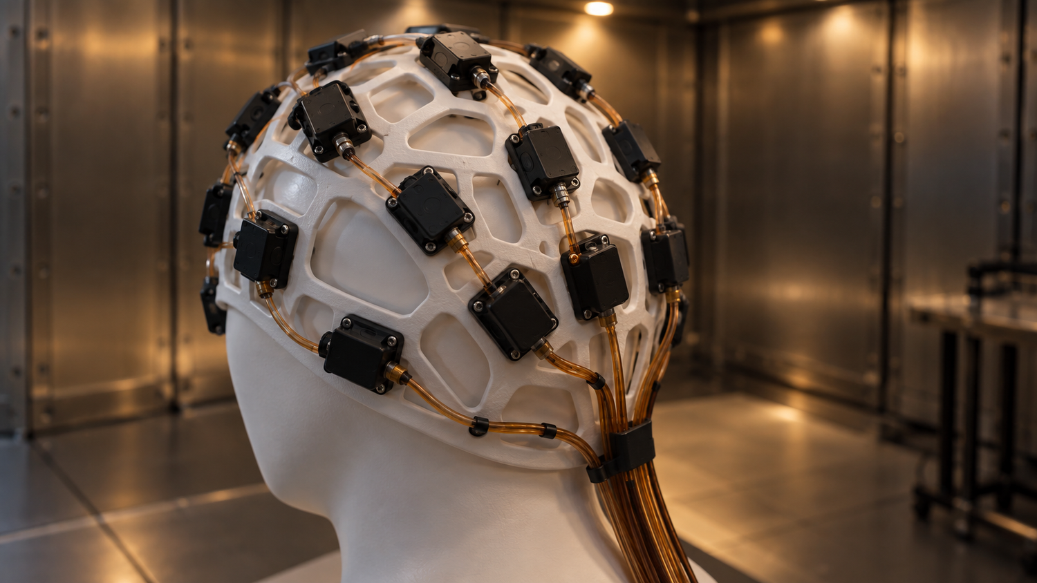 An AI-generated conceptual illustration, depicting no real product, laboratory or institution: a white 3D-printed lattice helmet fitted with small black optically pumped magnetometer sensor modules and amber optical fibres sits on a featureless head-form inside a metal-panelled shielded room, seen from behind.
