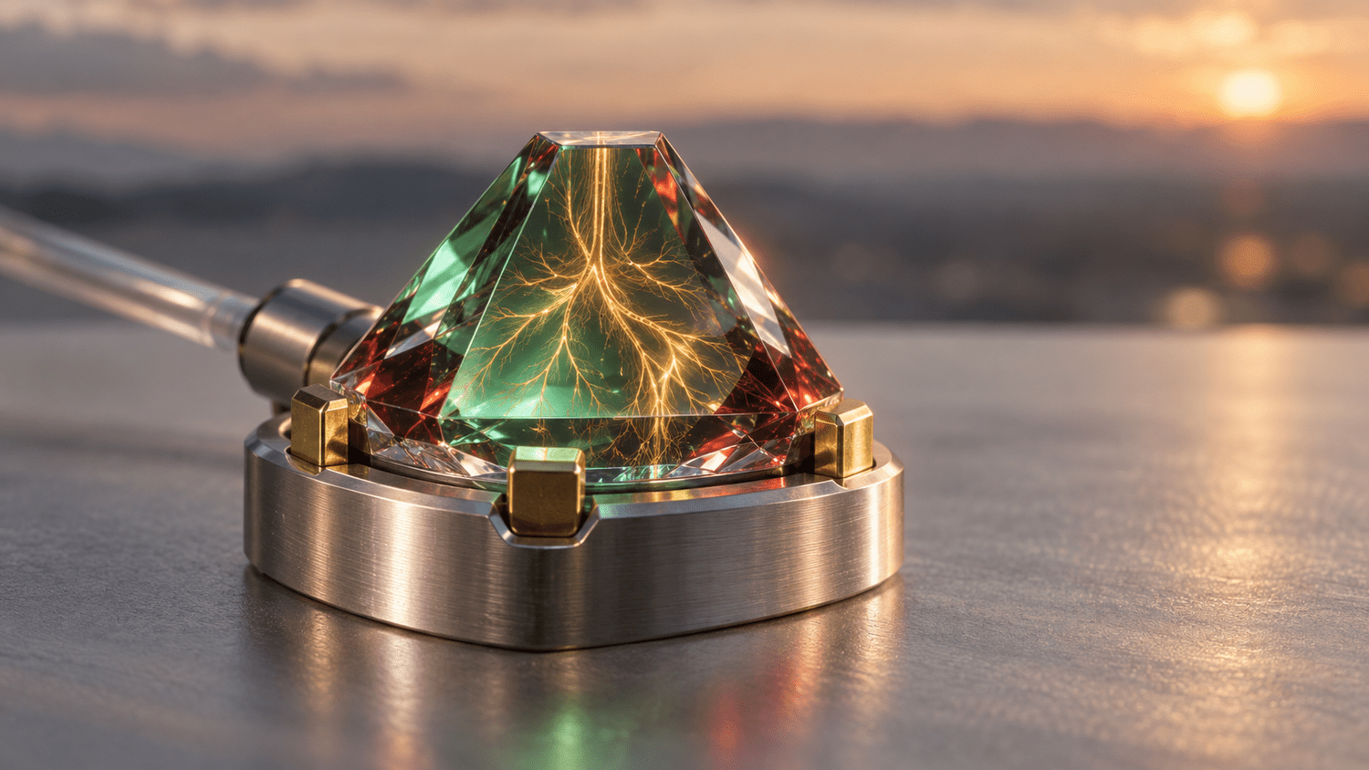 An AI-generated conceptual illustration, depicting no real product or clinical use: a small truncated diamond pyramid seated in a brushed-platinum ring mount with gold contacts and an optical fiber behind it, lit green and red from within, with a warm amber branching tracery suggesting a heart's conduction pathways refracted inside its facets, on a pale grey surface at dusk.
