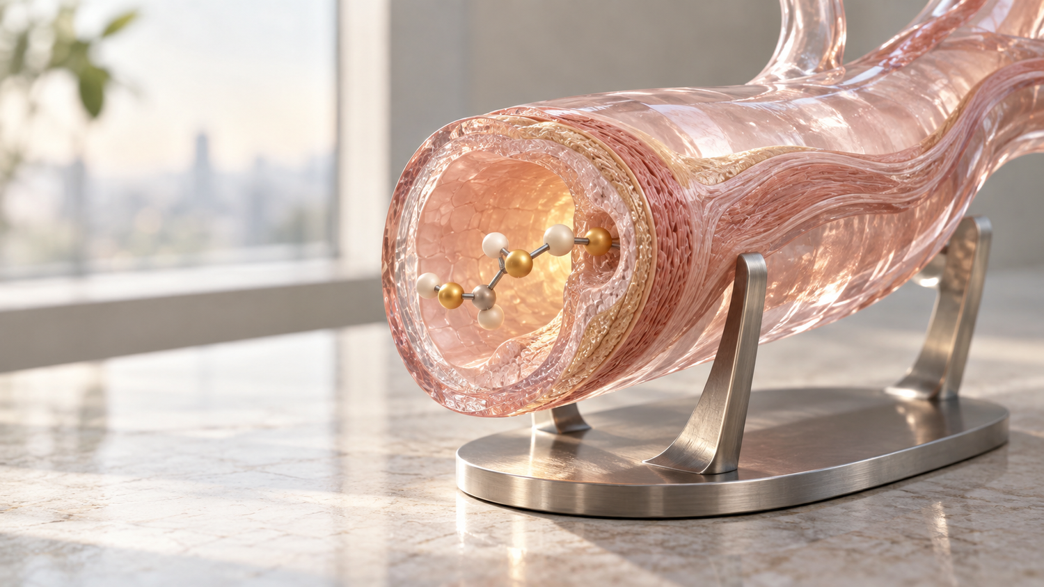 An AI-generated conceptual illustration, depicting no real product or clinical use: a translucent rose-glass model of a segment of coronary artery on a brushed-titanium cradle, cut open at one end to show its layered wall, with a small ivory-and-gold ball-and-stick drug-molecule model docked on the inner surface, on a pale stone bench beside a bright morning window.