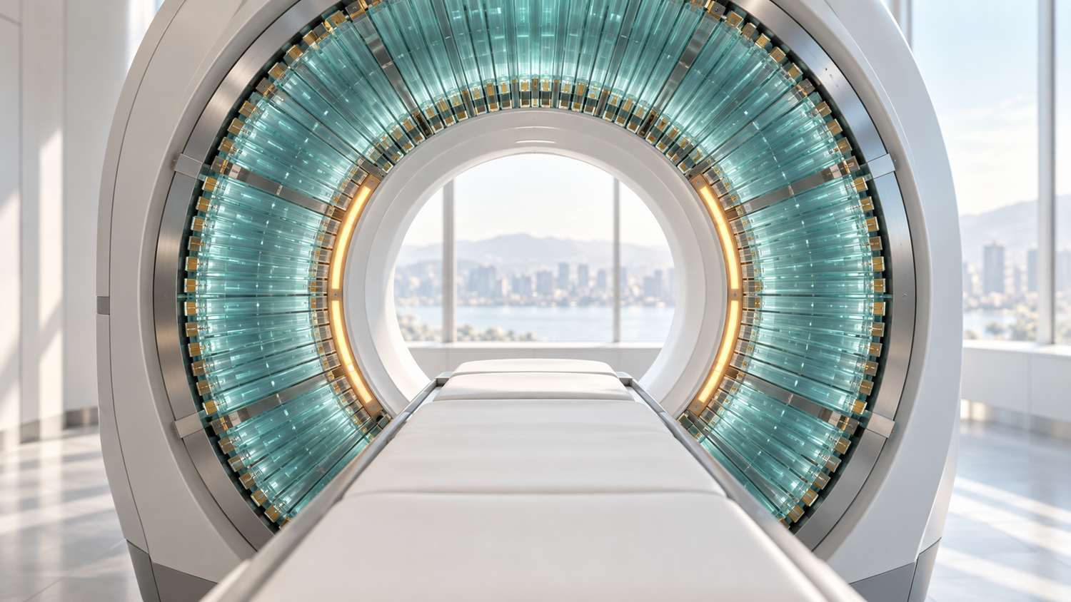 An AI-generated conceptual illustration, depicting no real product: a white ring-shaped PET scanner seen straight into its bore, its detector ring made of translucent aqua strips with gold contacts and two warm amber light inlays, an empty white patient table leading into the bore, and a bright window behind.
