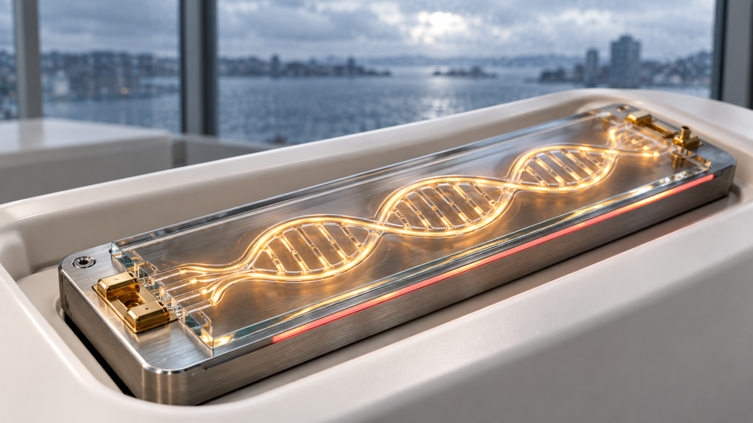 An AI-generated conceptual illustration, depicting no real product: a thin glass genomic sequencing chip on a brushed-titanium carrier, with a double-helix channel glowing amber inside the glass, gold ports at each end and a coral light guide along one edge, resting in a white ceramic cradle in a hospital genomics laboratory by a rainy harbor window.
