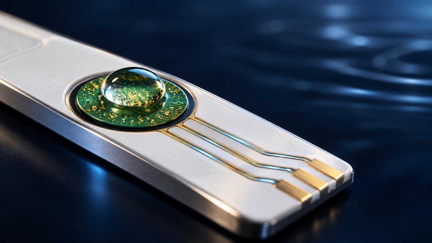 Conceptual illustration of an electrochemical biosensor strip with a green polymer electrode with gold-colored flecks under a water droplet; it does not depict the University of South Africa device, a working electrode layout or any approved diagnostic product.